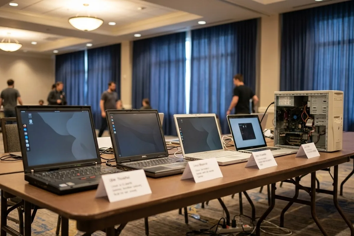 Four older laptops open on a long table in a ballroom, each running a Linux desktop with a folded card in front of it, and a desktop tower with its side panel off