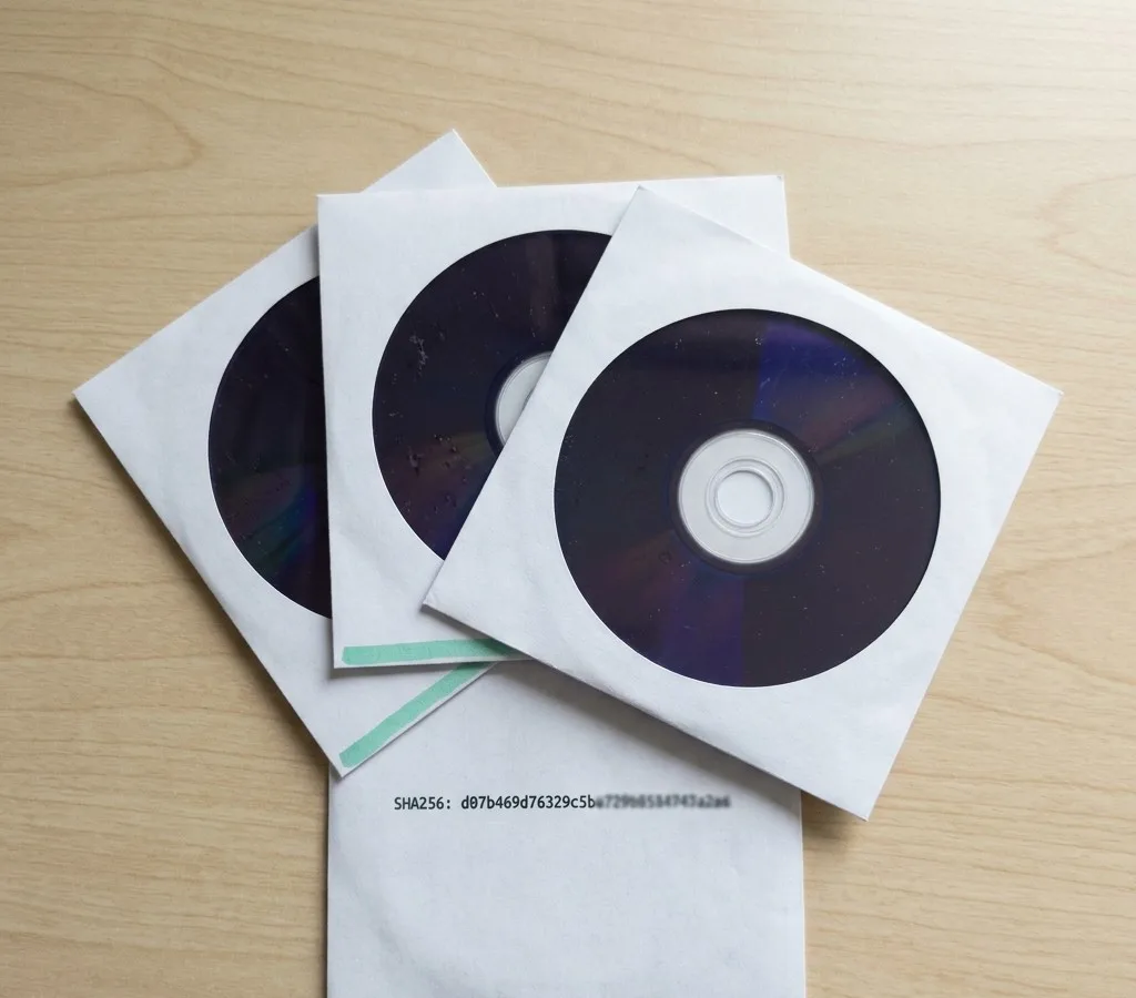 A fan of burned discs in white paper sleeves on a light table, one sleeve turned to show a printed block of text and a stripe of teal ink